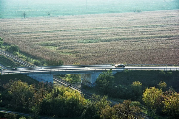 Car driving on road bridge, railway and fields in sunset — Stock Photo, Image
