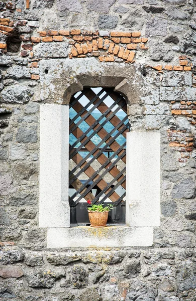 Çubuklu penceresinde, mimari öğesi saksı çiçek — Stok fotoğraf