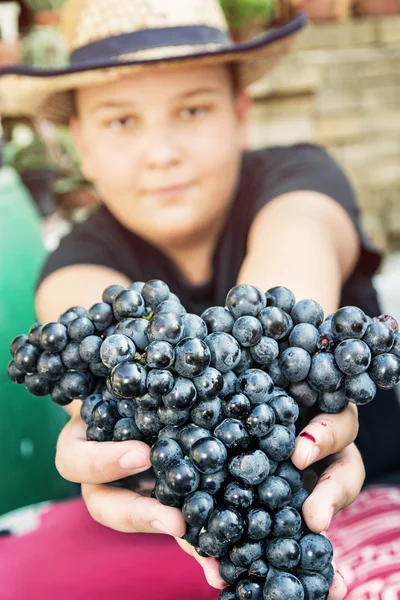 Chico divertido posando con racimo de uvas en las manos, foto retro —  Fotos de Stock