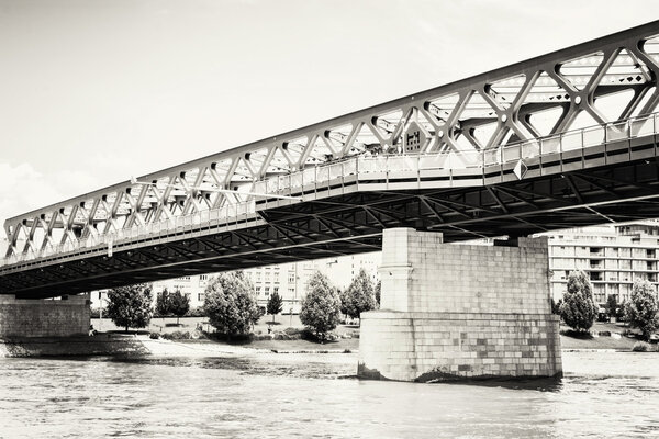 Bridge and Danube river in Bratislava, black and white