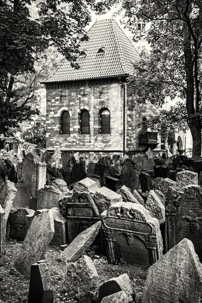 Jewish cemetery in Prague, Czech republic, black and white