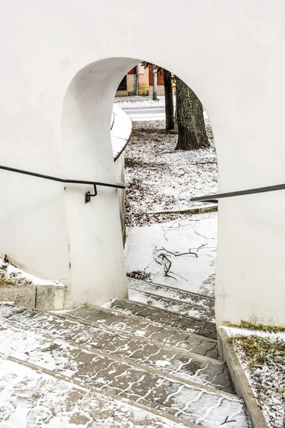 Flache Treppe und ein historisches Tor mit Geländer — Stockfoto
