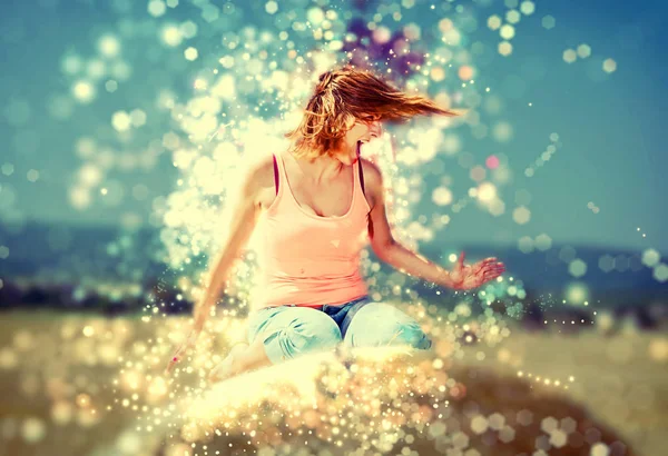 Woman throws with her hair, blue filter — Stock Photo, Image