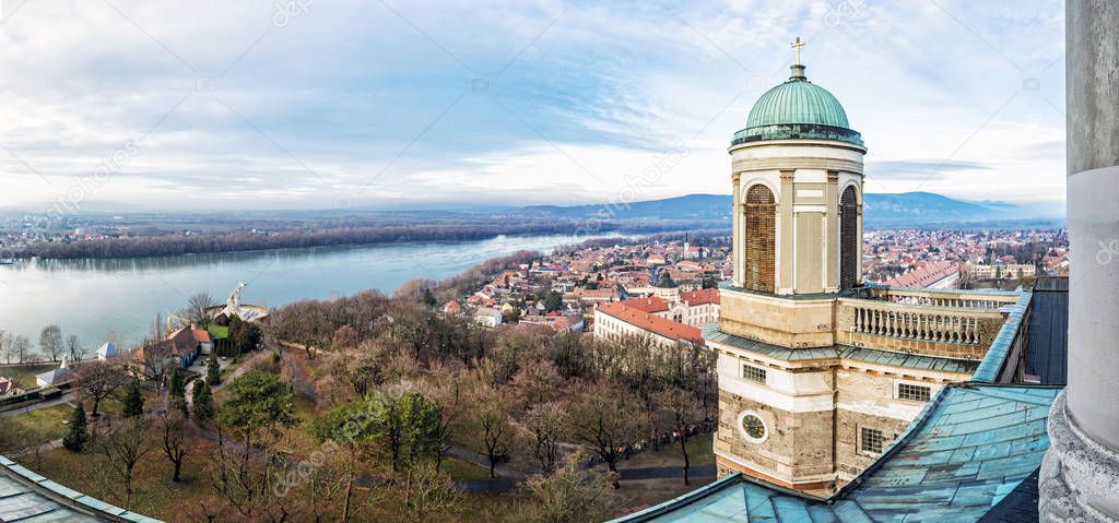View from dome of the basilica, Esztergom, Hungary, panoramic sc