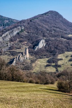 Vrsatske kayaları, Slovak cumhuriyetindeki Beyaz Karpat dağları. Mevsimsel doğal sahne. Yürüyüş teması.