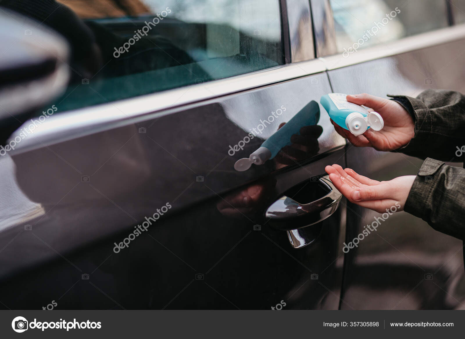 Hand Man Dropping Alcohol Disinfectant Spray Handle Car Door