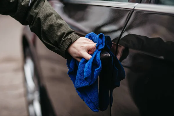 Man Hand Disinfecting Door Handle Brown Car Blue Disinfectant Wipe — Stock Photo, Image