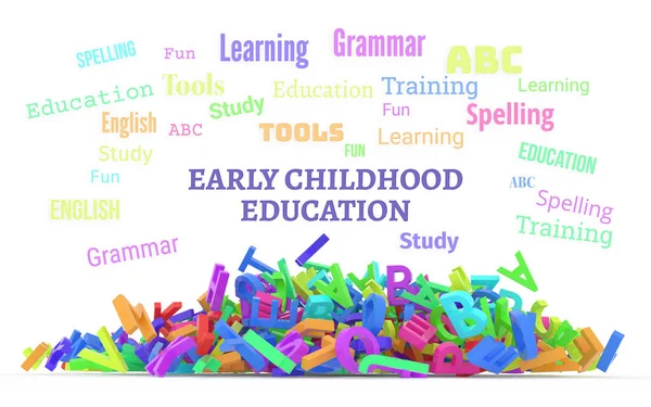 Early childhood education conceptual word cloud with stack of co