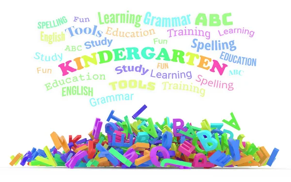 Przedszkola słowo cloud z stos listów kolorowe alfabetów — Zdjęcie stockowe