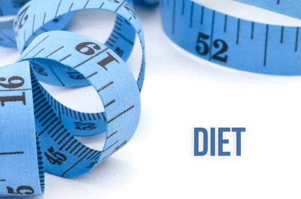 Dieet, gezondheid concept, sluit omhoog & selectieve focus van blauw measuri — Stockfoto