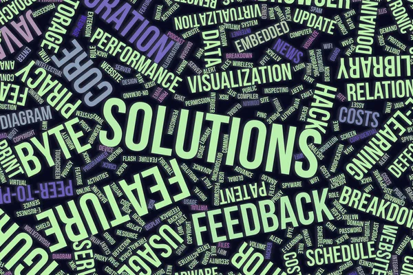 Solutions, nuage de mots conceptuel pour les entreprises, technologies de l'information — Photo