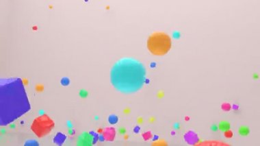 Renkli şekiller, küreler ve kutuları float Zıplayan veya etrafında uçan. Video giriş, başlık veya metin arka plan, görüntüleri geçişler için iyi. 3D render animasyon. 