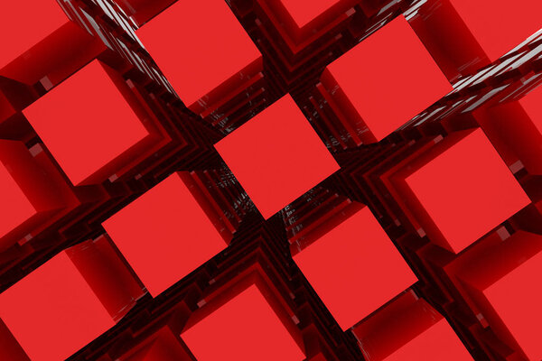 Perspective view of red color grossy cubes or boxes. Good for title, graphic design, catalog, textile, texture background or backdrop. 3D rendered image.