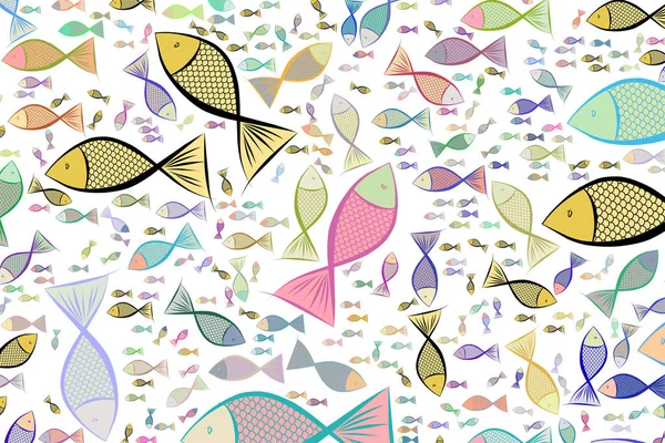 Color fish illustrations background, hand drawn. Vector, sea, gr — Stock Vector