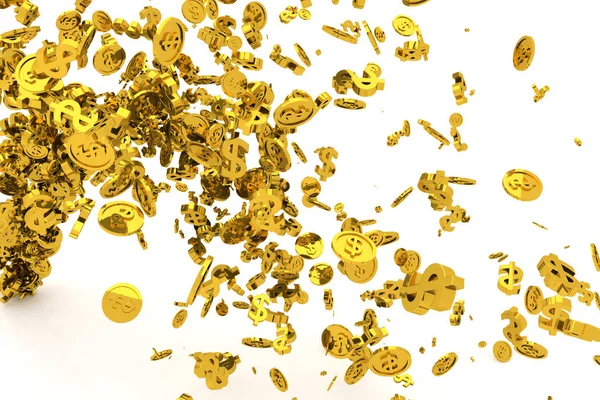 Geldbündel, Gold, Dollarzeichen oder Münzen fließen vom Boden, — Stockfoto