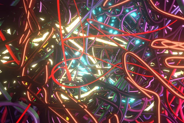 Abstrait, ficelle colorée désordonnée néon cultiver des lumières. Papier peint pour — Photo