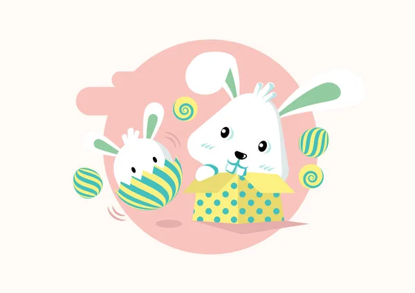 Cute Rabbits Happy Easter Day Celebration Vector Illustration — Stock Vector