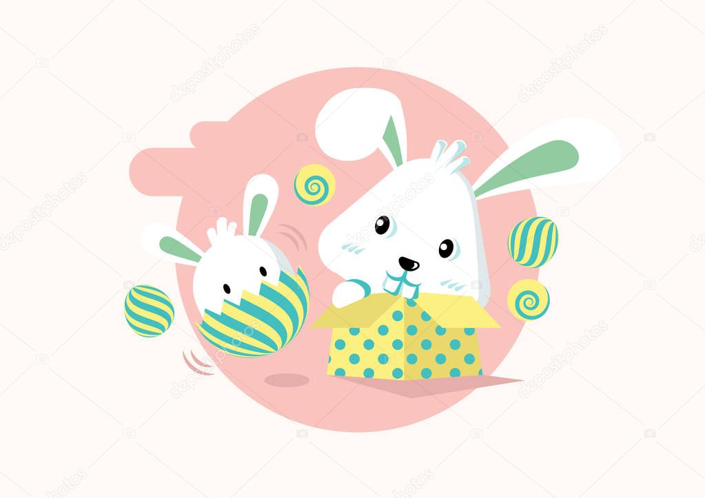 Cute Rabbits Happy Easter Day Celebration Vector Illustration
