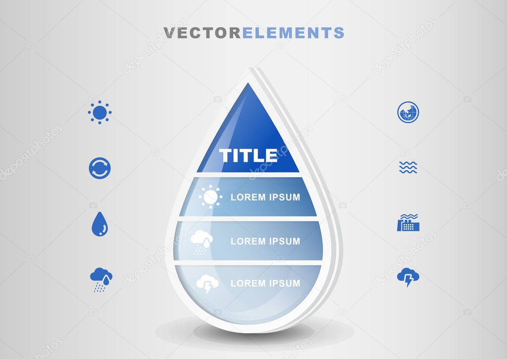 Water Drop 3D Vector Infographic Template Concept with Set of Icons