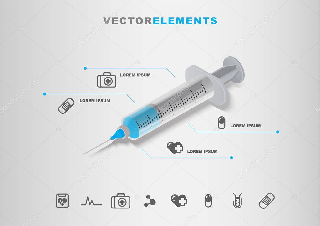 Syringe 3D Vector Infographic Template Concept with Set of Hospital Icons
