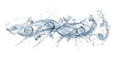 Su dalgalarını buz küpüyle serpmek, beyaz üzerinde izole edilmiş.