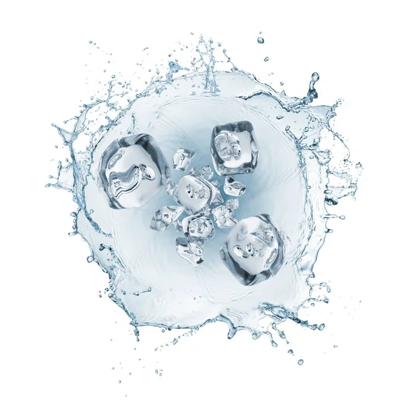 Salpicos Ondas Água Com Cubo Gelo Isolados Sobre Branco — Fotografia de Stock