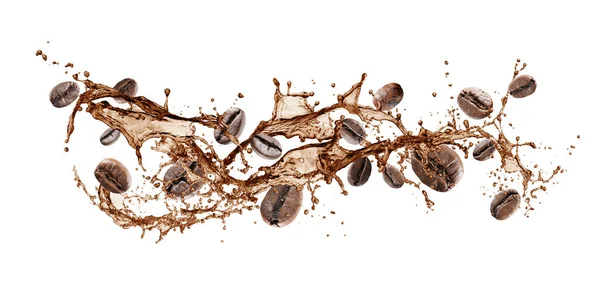 Wave Splashing Coffee Coffee Beans Isolated White — Stock Photo, Image