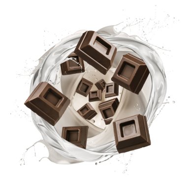 Süt dalgası çikolata bloğuyla sıçrıyor, beyaz üzerine izole edilmiş.