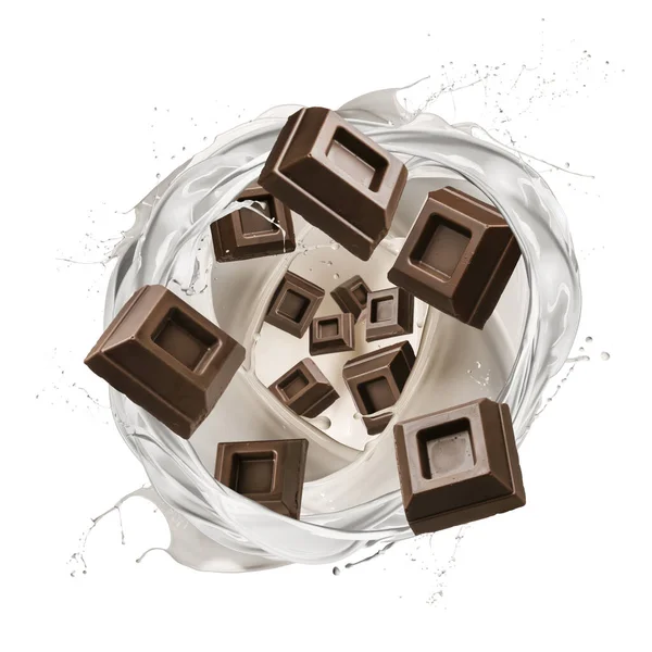 Mléčná Vlna Stříkající Čokoládovým Blokem Izolované Bílém — Stock fotografie