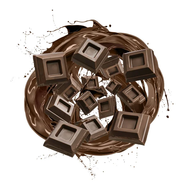 Ola Chocolate Salpicando Con Bloque Aislado Blanco —  Fotos de Stock
