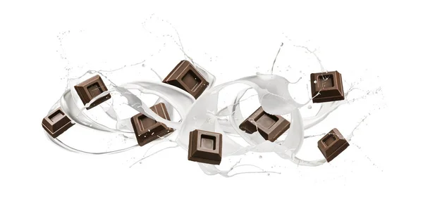 Ola Leche Salpicando Con Bloque Chocolate Aislado Blanco — Foto de Stock