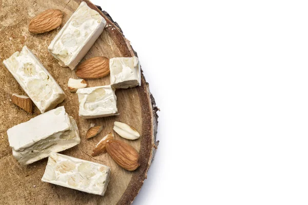 Small Nougat Pieces Almonds Wooden Cutting Board — Stock Photo, Image