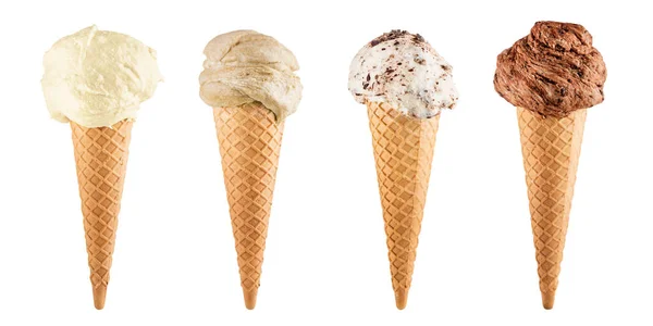 異なる味のアイスクリームコーン 白に隔離された — ストック写真