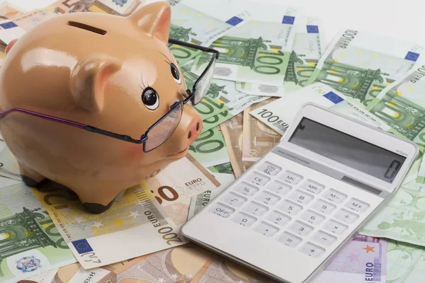 Piggy Bank Uit Eurobankbiljetten Met Witte Calculator Kosten Van Europese — Stockfoto