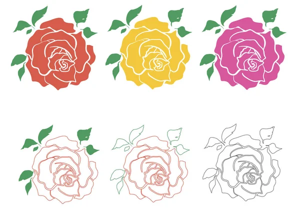 3 rosas em contorno e cor — Vetor de Stock