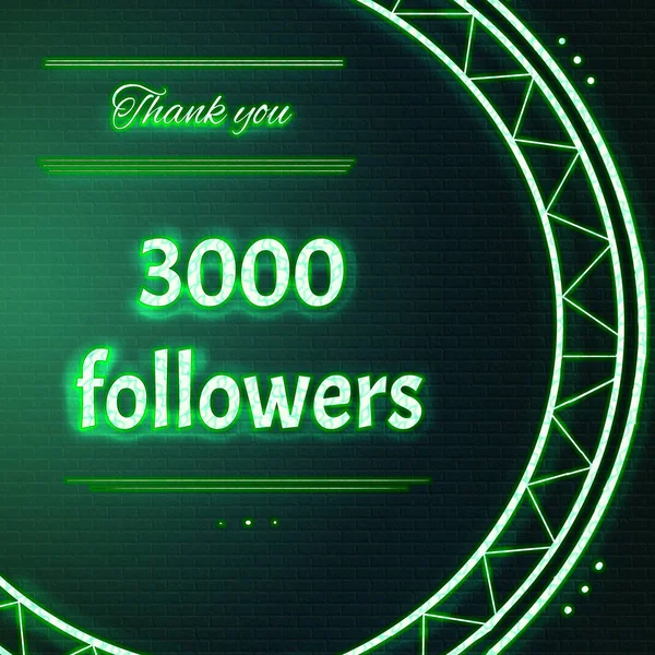 Карточка с зеленым неоновым текстом Спасибо три тысячи 3000 последователей — стоковое фото