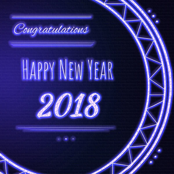 Greeting Card with violet  neon text Congratulations Happy New Year 2018