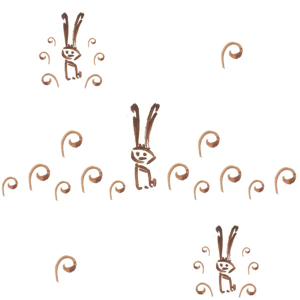 Seamless watercolor pattern brown decor funny rabbit on white — Stock Photo, Image