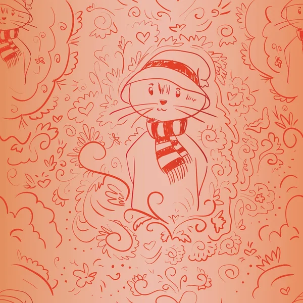 Dikişsiz kırmızı desen Doodle kedi — Stok fotoğraf