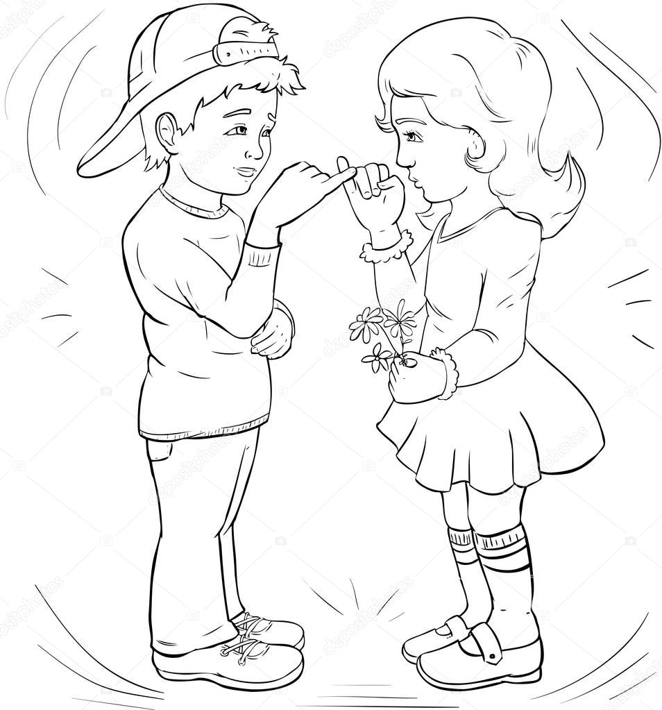 Boy and girl Make friends, make friends - Line-art. Coloring pag