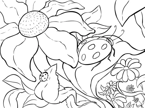 Boyama sayfası - bir çiçek - çizgi-roman yaprak üzerinde büyük uğur böceği