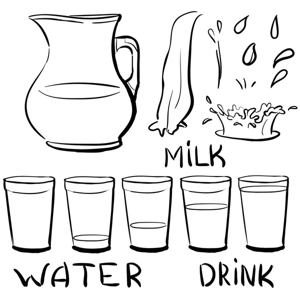 Set doodle icons - Jug and glasses with a drink - milk, water - Royalty Free Stock Vectors