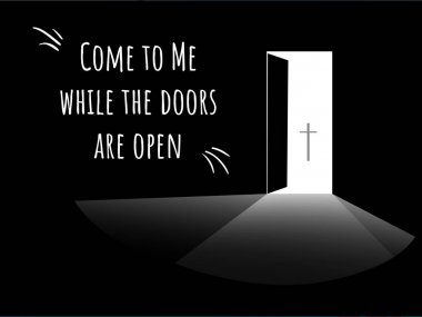 Açık kapı - Christ - vektör arka plan metin ile geliyor bana konuşurken kapıları açıktır