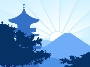 Vektör mavi siluet - sabah Japonya'da ışığı - paralaks effe