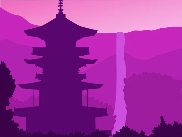 Landscape Japan Waterfall Violet Background Parallax Effect Website Baner Card — Stock Vector