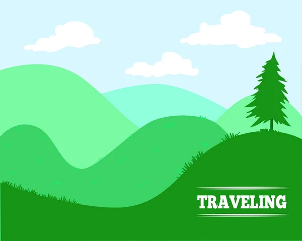 Vector Background  Cantoon  Green Hills  with text Traveling - f — Stock Vector