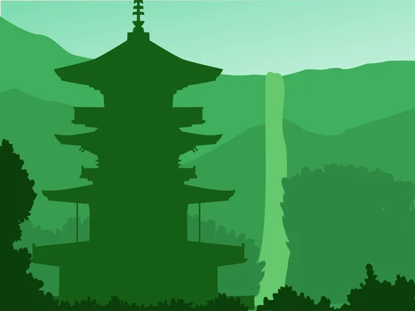 Пейзаж Японии с водопадом - зеленый фон для сайта, банер, карточка — стоковое фото