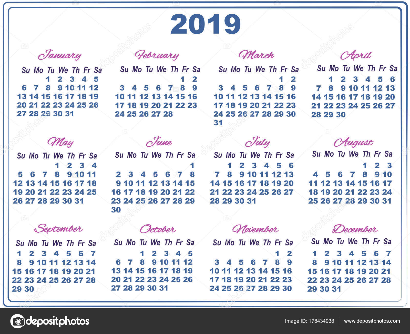 Calendario 2019 A4 con números grandes para imprimir Calendario 2019 A4 con números grandes para imprimir