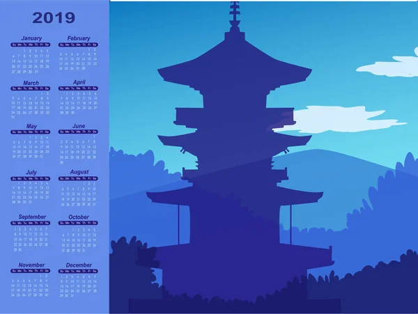 Vector calendario azul 2019 izquierda con el paisaje Japón — Archivo Imágenes Vectoriales