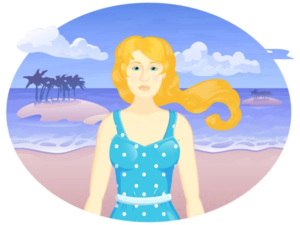 Vector cartoon meisje op th strand in het ovaal — Stockvector